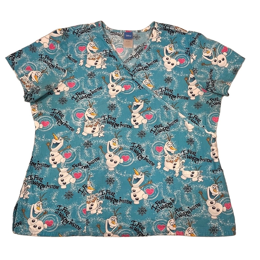Disney Frozen Olaf Scrub Top Women's 2X Blue V Neck Medical Nurse Pockets
